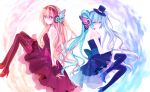  aqua_eyes aqua_hair bare_shoulders bow butterfly dress floating formal frills hand_to_chest hat hatsune_miku high_heels konnnaka lace long_hair magnet_(vocaloid) megurine_luka mini_top_hat multiple_girls pale_skin pantyhose pink_hair shoes sitting thigh-highs thighhighs top_hat twintails vertical-striped_legwear very_long_hair vocaloid 