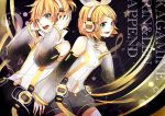  blonde_hair blue_eyes brother_and_sister detached_sleeves hair_ornament hair_ribbon hairclip hands_on_headphones headphones highres kagamine_len kagamine_len_(append) kagamine_rin kagamine_rin_(append) navel navel_cutout ribbon short_hair shorts siblings smile tama_(songe) twins vocaloid vocaloid_append 