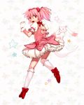  bow choker gloves hair_bow heart kaname_madoka kneehighs kneepits kyubey kyuubee mahou_shoujo_madoka_magica pink_eyes pink_hair puffy_sleeves red_eyes short_hair short_twintails skirt twintails wtuw 