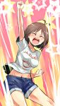  casual clenched_hands closed_eyes denim denim_shorts eyes_closed fist hidaka_ai idolmaster idolmaster_dearly_stars jumping kusanagi_kaoru navel raised_fist short_hair shorts 