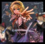  alice_margatroid blonde_hair blue_eyes blurry bow capelet depth_of_field glowing glowing_eyes green_eyes hair_bow hairband highres ichimi-t ichimi_tougarashi lips motion_blur outstretched_arms outstretched_hand shanghai shanghai_doll short_hair solo spread_arms string touhou 