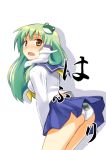  bad_id brown_eyes contemporary frog green_hair hair_ornament kochiya_sanae long_hair open_mouth panties print_panties school_uniform snake solo touhou umekichi underwear upskirt 