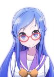 1girl blue_eyes blue_hair dokidoki!_precure glasses hishikawa_rikka long_hair looking_at_viewer pon_(shind_997) precure red-framed_glasses school_uniform simple_background smile solo white_background 