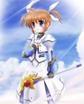  blue_eyes brown_hair fingerless_gloves flipper gloves long_hair lyrical_nanoha mahou_shoujo_lyrical_nanoha purple_eyes raising_heart solo staff takamachi_nanoha twintails 