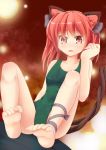 absurdres adapted_costume animal_ears ankle_ribbon bad_feet barefoot casual_one-piece_swimsuit cat_ears cat_tail fang feet highres kaenbyou_rin leg_ribbon multiple_tails niiya one-piece_swimsuit red_eyes red_hair redhead ribbon short_hair slit_pupils soles solo swimsuit tail toe_scrunch toenails touhou tsurime twintails