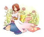  bare_shoulders brown_hair closed_eyes detached_sleeves dress eyes_closed female final_fantasy final_fantasy_x flower japanese_clothes jewelry necklace short_hair sitting solo vanitassora yuna 