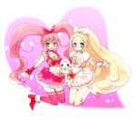  :o blonde_hair blue_eyes boots bow brooch cure_melody cure_rhythm dress green_eyes hammy houjou_hibiki hummy_(suite_precure) jewelry jumping long_hair magical_girl midriff minamino_kanade navel open_mouth pink_hair precure skirt suite_precure thigh-highs thighhighs twintails very_long_hair wrist_cuffs 