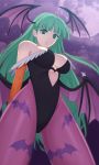  bad_id bat_wings breasts darkstalkers green_eyes green_hair hattori_(junoct2000) highres large_breasts legs long_hair moon morrigan_aensland night night_sky pantyhose sky solo thighs vampire_(game) wings 