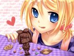  blonde_hair blue_eyes bow candy checkerboard_cookie chibi chocolate close cookie detached_sleeves face food hairclip heart kagamine_rin leg_warmers licking_lips nail_polish neckerchief pigtails scrunchie short_hair sweets tongue valentine vocaloid yayoi_(egoistic_realism) 