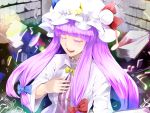  akishuon book bow closed_eyes colored_eyelashes crescent eyelashes hair_bow hat inugami_akito long_hair musical_note open_mouth patchouli_knowledge payot purple_eyes purple_hair singing solo touhou violet_eyes 