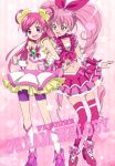  bike_shorts blue_eyes color_connection cure_dream cure_melody hairband houjou_hibiki locked_arms long_hair maeashi magical_girl multiple_girls pink pink_background pink_hair precure purple_eyes shorts_under_skirt skirt suite_precure thigh-highs thighhighs twintails violet_eyes yes!_precure_5 yumehara_nozomi 