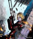  armor bad_id battle blonde_hair chevasis commander_shepard commander_shepard_(female) green_eyes gun highres human lips mass_effect rifle short_hair sniper_rifle under_fire weapon wink 