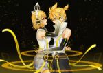  blonde_hair blue_eyes bow choker detached_sleeves hairclip headphones highres kagamine_len kagamine_len_(append) kagamine_rin kagamine_rin_(append) len_append nail_polish open_mouth ponytail popped_collar rin_append see_through short_hair shorts vocaloid vocaloid_append 