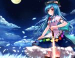  blue_hair bow cloud dress food fruit hands_on_hilt hat highres hinanawi_tenshi large_bow long_hair looking_at_viewer momoko_(momopoco) moon night night_sky peach petals red_eyes sky solo standing sword sword_of_hisou touhou weapon 