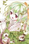  chiku-wa cup green_hair hair_bow highres leaf moriyama_shijimi open_mouth original red_eyes solo teacup teapot traditional_media 