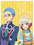  blue_eyes blue_hair blush crossed_arms glasses heart heart_of_string hubert_ozwell multicolored_hair pascal scarf tales_of_(series) tales_of_graces yellow_eyes 