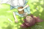  blush book casual closed_eyes dsakuraff eyes_closed flower grass hair_ribbon kaname_madoka lying mahou_shoujo_madoka_magica on_back pink_hair ribbon short_hair sleeping smile twintails 