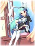  blue_hair book braid bunny_ears cup curtains hairband holding holding_book koflif long_hair long_sleeves monocle open_book original reading red_eyes sitting smile solo teacup thigh-highs thighhighs very_long_hair white_legwear window 