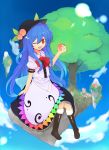 :d blue_hair blue_sky blush boots bow floating floating_island food fruit hat highres hinanawi_tenshi holding holding_fruit holding_peach long_hair long_skirt open_mouth peach red_eyes rock shibatenko sitting skirt sky smile solo touhou tree very_long_hair wink