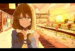  brown_eyes brown_hair cityscape letterboxed original railroad_tracks smile solo sunset tears train_station vient vocaloid 