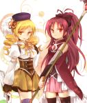 bare_shoulders beret blonde_hair breasts brown_legwear corset detached_sleeves drill_hair fingerless_gloves gloves gun hair_ornament hair_ribbon hairpin hat large_breasts long_hair magical_girl magical_musket mahou_shoujo_madoka_magica multiple_girls pleated_skirt polearm ponytail puffy_sleeves red_eyes red_hair redhead ribbon rifle sakura_kyouko skirt spear staff thigh-highs thighhighs tomoe_mami twin_drills vertical-striped_legwear vertical_stripes weapon yellow_eyes yuno_(peppermintut) zettai_ryouiki 