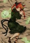  absurdres animal_ears braid cat_ears cat_tail chiri_(o9o9) extra_ears highres kaenbyou_rin lying mary_janes multiple_tails no_socks on_side red_eyes red_hair redhead shoes short_hair solo tail touhou twin_braids twintails 