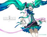  ahoge flower frills gradient_hair green_hair hatsune_miku headphones miwa_shirow open_mouth outstretched_arm ribbon skirt solo twintails very_long_hair vocalogenesis vocaloid wallpaper white 