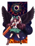  arm_cannon arm_up asymmetrical_clothes asymmetrical_clothing black_hair black_legwear black_socks bow cape concrete footwear hair_bow long_hair mismatched_footwear nuclear pentagon radiation_symbol red_eyes reiuji_utsuho smile socks solo touhou weapon wings 
