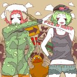  ;p dual_persona fingerless_gloves gloves goggles goggles_around_neck goggles_on_head green_eyes green_hair gumi navel panda_hero_(vocaloid) pink_eyes pink_hair rubber_duck short_hair shorts tongue vocaloid wink 