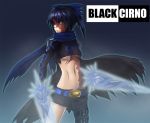  asymmetrical_clothes black_rock_shooter black_rock_shooter_(character) black_rock_shooter_(cosplay) blue_eyes blue_hair bow breasts chachami_ashu character_name cirno cosplay dual_wielding hair_bow ice ice_sword scar short_hair single_pantsleg solo sword touhou underboob weapon 