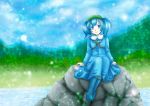  blue_dress blue_eyes blue_hair dress hat highres kappa kawashiro_nitori mare_hane sitting solo touhou 