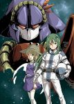  frog green_eyes green_hair gundam hat helmet kochiya_sanae long_hair mecha mechanization moriya_suwako multiple_girls parody pilot_suit short_hair snake thighhighs touhou white_legwear yasaka_kanako yudepii yuderupii zeta_gundam 