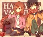  1girl black_hair black_legwear black_thighhighs brown_eyes brown_hair casual chocolate couple flower gift hair_flower hair_ornament happy_valentine kamijou_touma kouko misaka_mikoto open_mouth plaid plaid_scarf ryouka_(nm0407) scarf shared_scarf short_hair skirt thigh-highs thighhighs to_aru_majutsu_no_index valentine 