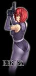  ass bare_shoulders black_gloves deep_rising dino_crisis elbow_gloves from_behind gloves gun handgun leotard looking_back red_eyes red_hair redhead regina short_hair simple_background text weapon 