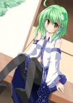  1girl absurdres ahoge black_legwear brown_eyes detached_sleeves dutch_angle feet green_hair highres kochiya_sanae long_hair looking_at_viewer pantyhose porch sitting smile snake solo sunbeam sunlight touhou veranda yellow_eyes yuuhi_aruha 