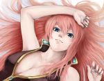  arms_up blue_eyes breasts cleavage hand_on_head long_hair looking_at_viewer lying megurine_luka nail_polish on_back open_collar pink_hair retsuna smile solo vocaloid 