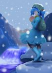  backpack bag blue_hair blush boots gift green_eyes hat holding holding_gift ishikkoro kawashiro_nitori looking_back open_mouth pantyhose randoseru rubber_boots short_hair snow solo springs touhou twintails water_spring winter 