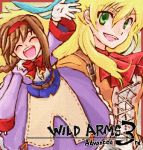 ^_^ artist_request belt blonde_hair bow braid brown_hair closed_eyes collar dress gloves green_eyes hairband happy long_hair lowres maya_schrodinger multiple_girls oekaki open_mouth payot purple_dress ribbon smile title_drop virginia_maxwell wild_arms wild_arms_3 