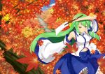  autumn detached_sleeves expressionless gohei green_hair hair_ornament highres kochiya_sanae leaf long_hair navel orange-pengin snake solo stairs torii touhou wide_sleeves yellow_eyes 