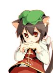  animal_ears brown_eyes brown_hair cat_ears cat_tail chen earrings fuji-k hands_clasped hat jewelry multiple_tails short_hair solo tail touhou 