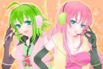  2girls ahoge blue_eyes boa earmuffs elbow_gloves green_eyes green_hair gumi happy_synthesizer_(vocaloid) headphones jpeg_artifacts long_hair megurine_luka multiple_girls open_mouth pantyhose pink_hair short_hair singing smile star strapless_dress vocaloid 