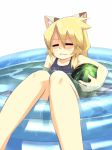  blonde_hair cat_ears food fruit fuji-k holding holding_fruit one-piece_swimsuit original school_swimsuit solo swimsuit wading_pool water watermelon 