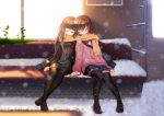  black_hair black_legwear black_thighhighs brown_hair closed_eyes eyes_closed hand_holding highres holding_hands multiple_girls nana_mikoto original pantyhose scarf school_uniform serafuku shared_scarf snow thigh-highs thighhighs winter winter_clothes yuri 