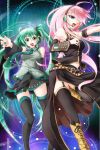  :d bare_shoulders black_legwear black_thighhighs blue_eyes boots detached_sleeves fuyuno_taka green_eyes green_hair hand_on_chest hand_on_own_chest hands_to_chest hatsune_miku highres megurine_luka multiple_girls open_mouth outstretched_arm pink_hair smile thigh-highs thighhighs vocaloid wink zettai_ryouiki 