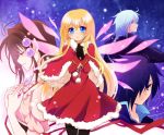  blonde_hair blue_hair closed_eyes colette_brunel earrings eyes_closed gloves hair_ornament jewelry judas miyu_(matsunohara) pantyhose ponytail reala santa_costume tales_of_(series) tales_of_destiny_2 tales_of_rebirth tales_of_symphonia veigue_lungberg wings 