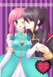  bad_id black_hair blush breasts character_name cleavage cleavage_cutout closed_eyes couple dress earrings estellise_sidos_heurassein eyes_closed green_eyes highres jewelry long_hair mika_mikan ponytail tales_of_(series) tales_of_vesperia title_drop wink yuri_lowell 
