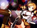  blonde_hair boots breasts brown_legwear charlotte_(madoka_magica) corset cup detached_sleeves drill_hair fingerless_gloves gloves gun hair_ornament hairpin hat large_breasts magical_girl magical_musket mahou_shoujo_madoka_magica peconi pekoni_(peconi) pleated_skirt puffy_sleeves ribbon rifle skirt smile teacup thigh-highs thighhighs tomoe_mami twin_drills vertical-striped_legwear vertical_stripes weapon yellow_eyes 
