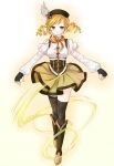  beret blonde_hair boots breasts detached_sleeves drill_hair fingerless_gloves gloves hat highres ichikuesu large_breasts magical_girl mahou_shoujo_madoka_magica pleated_skirt puffy_sleeves skirt smile solo thigh-highs thighhighs tomoe_mami yellow_eyes zettai_ryouiki 