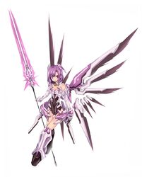  aisha aisha_(elsword) armor bare_shoulders bodysuit boots choker elsword gloves greaves hair_ornament highres konoha konoha_(pixiv856429) konoha_(viewakiakiaki) mecha_musume polearm purple_eyes purple_hair short_hair simple_background smile solo spear weapon white_background wings 