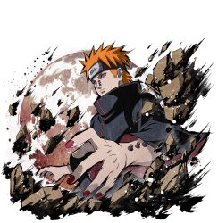  1boy akatsuki_uniform amegakure_symbol barbell_piercing black_coat coat ear_piercing face_piercing forehead_protector industrial_piercing jewelry male_focus nail_polish naruto_(series) naruto_shippuuden naruto_shippuuden:_ultimate_ninja_blazing nose_piercing official_art orange_hair pain_(naruto) piercing print_coat red_nails ring rinnegan short_hair solo spiky_hair upper_body violet_eyes 